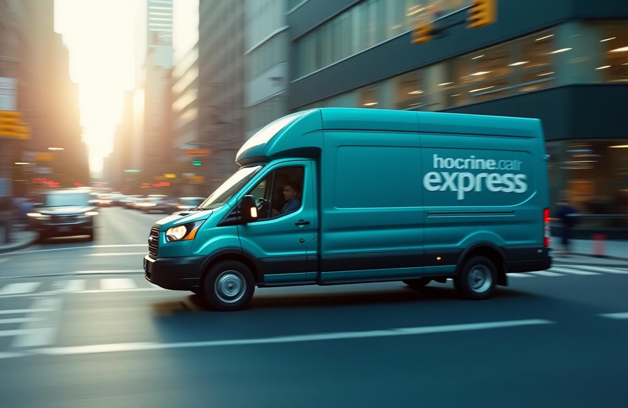 Coral Current Logistics express delivery van moving through New York City